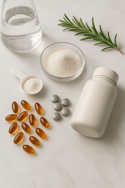 Flat lay of biotin capsules, collagen powder, zinc tablets, and a minimalist multivitamin bottle with herbs on marble.