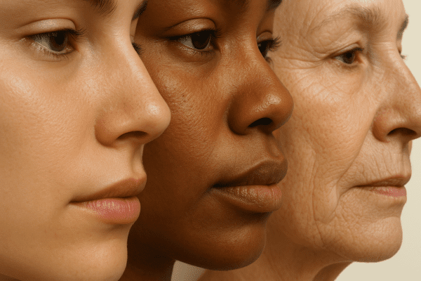 Macro shot of overlapping diverse faces showing nose and cheek pores and skin textures.