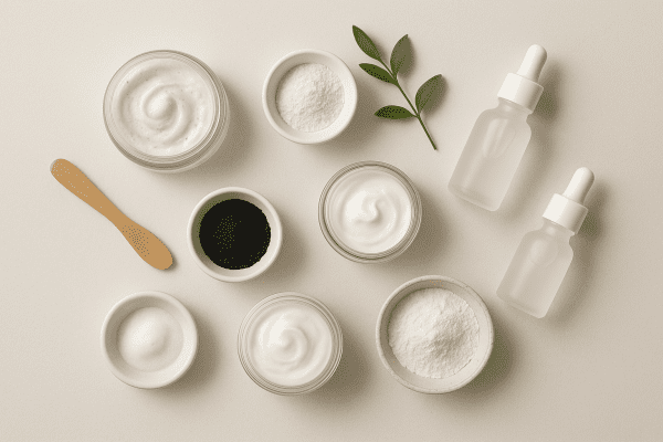 Flat lay of blackhead treatment products and core ingredients, arranged on a minimalist white background with natural accents.