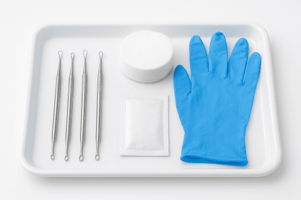 Sterile medical tray with blackhead extractors, gloves, cotton pads, and antiseptic wipes arranged neatly.