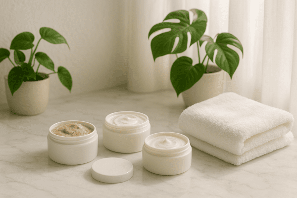 Spa bathroom with exfoliant, mask, moisturizer, towel, and plants on marble in soft sunlight.