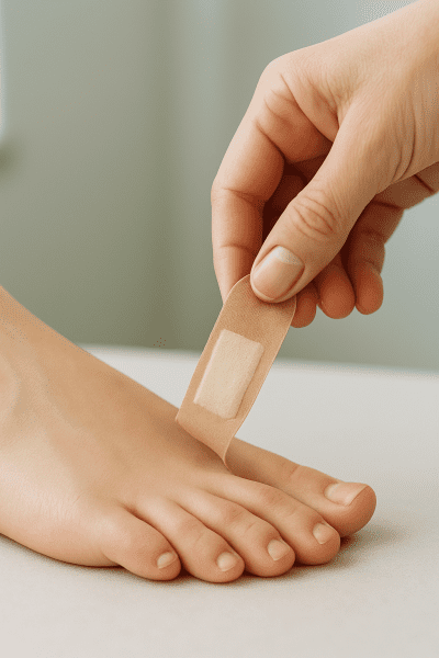 Close-up of a hand gently peeling a blister bandage from a foot, showing clean, healthy skin underneath.