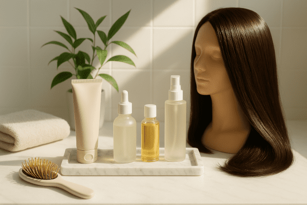 Sunlit bathroom vanity with blowout cream, serum, oil, and spray on a marble tray, with a sleek hairbrush and healthy mannequin head.