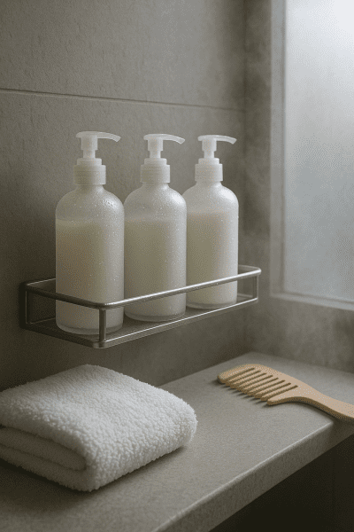 Shower shelf with conditioner, shampoo, and leave-in moisture, surrounded by steam and a towel.