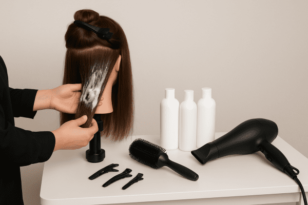 Stylist\u2019s hands applying mousse to mannequin hair, with gel and lotion bottles on salon table.