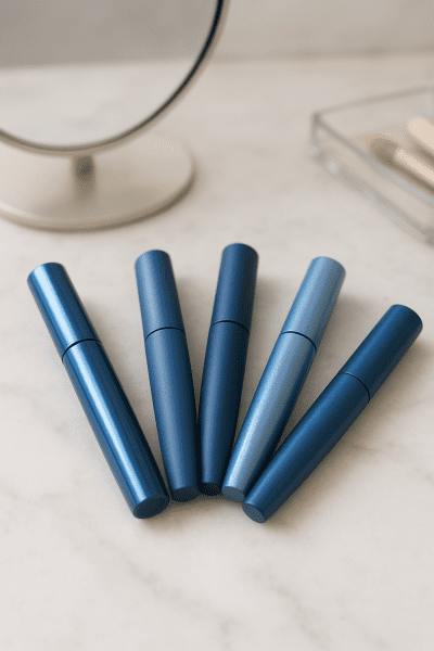 Assortment of blue mascara tubes with various finishes on a marble vanity.