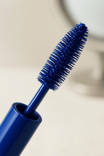 Macro of a blue mascara wand with rich pigment coating the bristles.