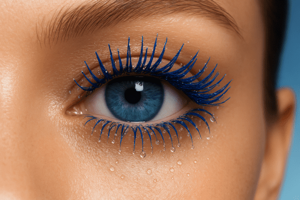 Extreme close-up of blue mascara on lashes with water droplets showing waterproofing.
