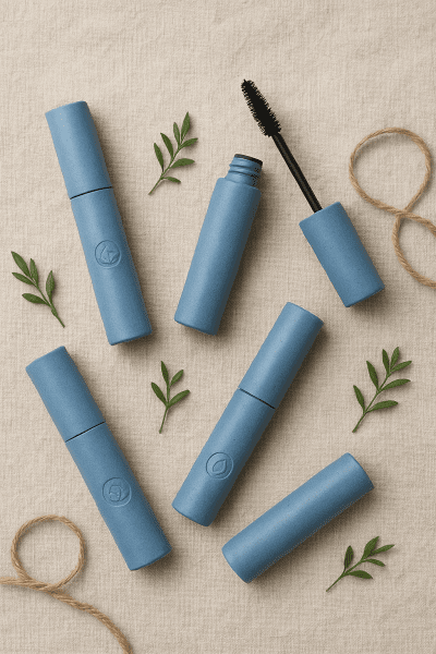 Blue eco-friendly mascara tubes on a linen surface with green accents.