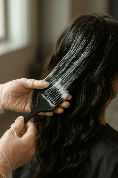 Close-up of stylist applying creamy keratin formula to wavy hair in a sunny, upscale salon.