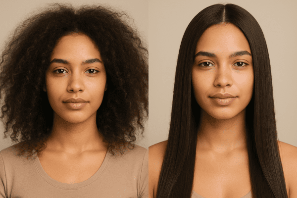 Side-by-side of woman with frizzy curls and same woman with sleek, straight hair after treatment.