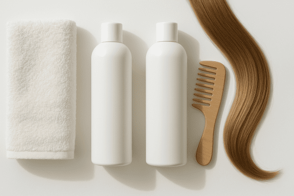 Flat lay: unbranded hair care bottles, soft towel, comb, and silky hair lock on white background.