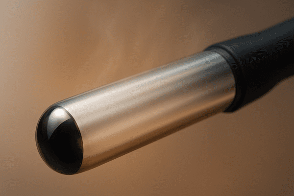 Macro image of a high-tech ceramic curling wand barrel, with heat shimmer and flawless ceramic surface.