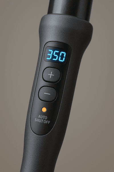 Close-up of curling wand handle with ergonomic, illuminated controls and active safety feature.