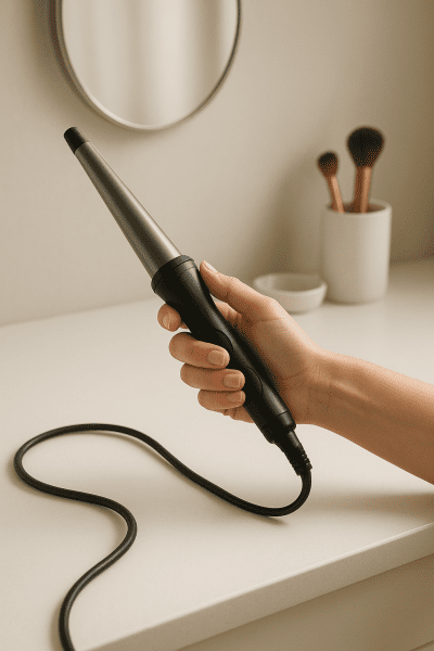 Hand using a ceramic curling wand with ergonomic handle and visible swivel cord, in a modern home.