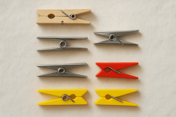 Neatly aligned wooden, steel, and plastic clothes pins on a cotton background.