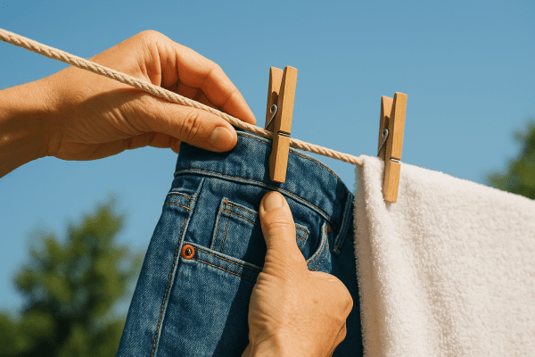 Hands attach jeans and a towel to a clothesline using wooden and steel pins outdoors.