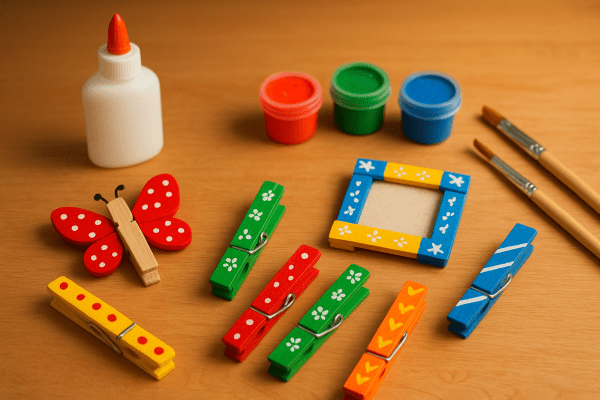 Painted clothes pins and crafting materials arranged on a clean tabletop.
