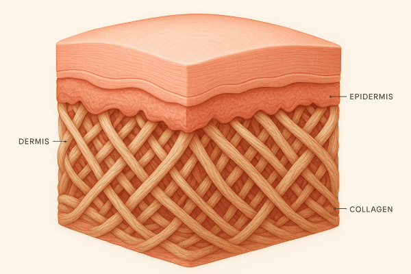Macro illustration of healthy skin cross-section, showing dense, organized collagen fibers beneath the surface.