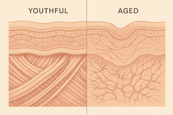 Split macro view of youthful skin with dense collagen and aged skin with sparse, broken fibers and wrinkles.