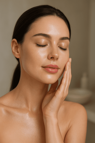 Portrait of a woman with dewy, hydrated skin touching her cheek, symbolizing collagen's moisturizing benefits.
