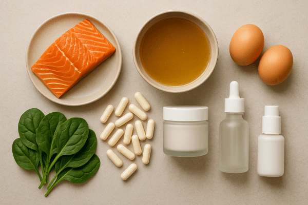 Flat lay with collagen supplements, foods, and skincare items arranged on a textured background.