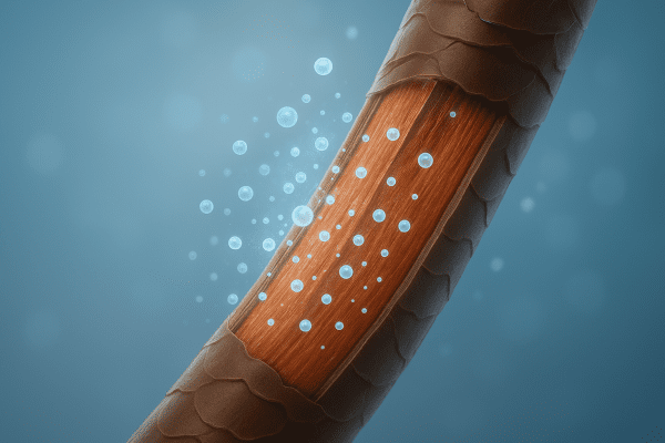 Macro hair cross-section with digital collagen particles nourishing the fiber against a clinical background.