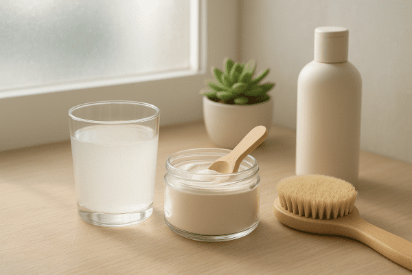 Spa-inspired vanity with collagen drink, open powder jar, bristle brush, shampoo bottle, and succulent plant.