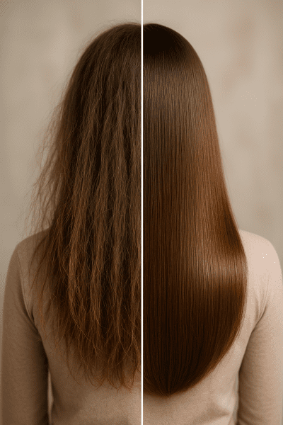 Split view from behind: dull, frizzy hair versus shiny, healthy hair after collagen use.