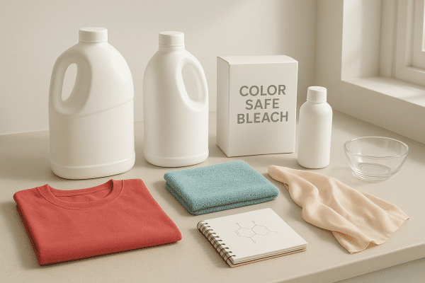 Assorted plain color safe bleach products and various fabric types arranged neatly on a bright laundry countertop with natural light.