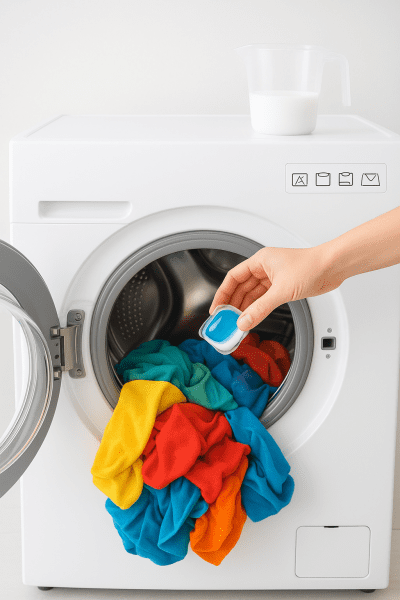 Hand placing color safe bleach pod into front-loading machine with colorful clothes, detergent jug and care icons visible.