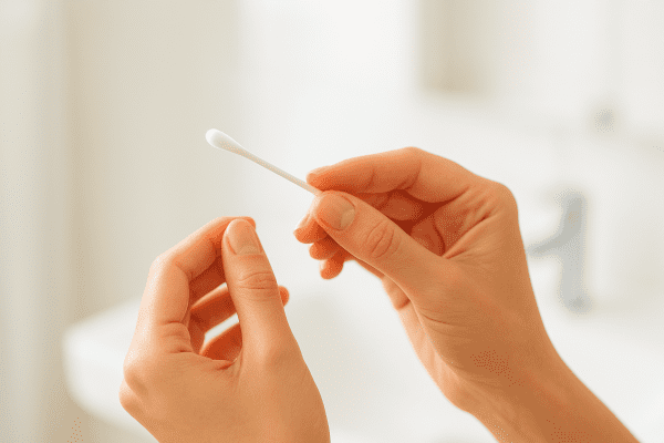 Clean hands gently holding a cotton swab with a safe grip, background softly out of focus.