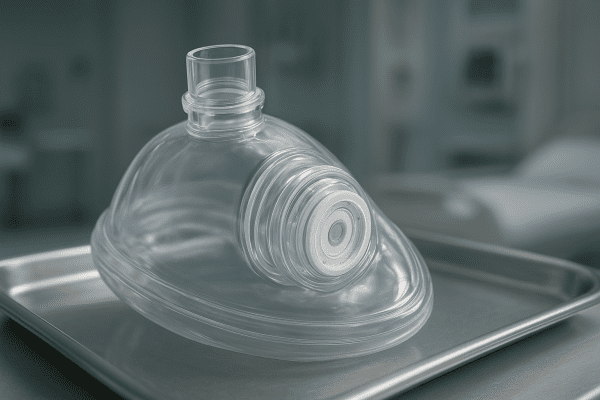 Close-up of a modern CPR mask showing a one-way valve and integrated HEPA filter on a steel tray in a hospital bay.