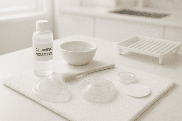 Disassembled CPR mask, valve, and filter with labeled cleaning supplies on a white towel in a sunlit clinical workspace.