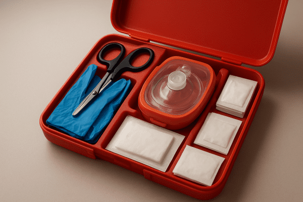 Open emergency kit with CPR mask in protective case, gloves, bandages, and shears neatly arranged on a countertop.