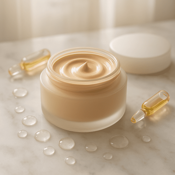 Frosted glass jar of cream foundation with hyaluronic acid, squalane, and vitamin E oil displayed on marble vanity, bathed in soft daylight.