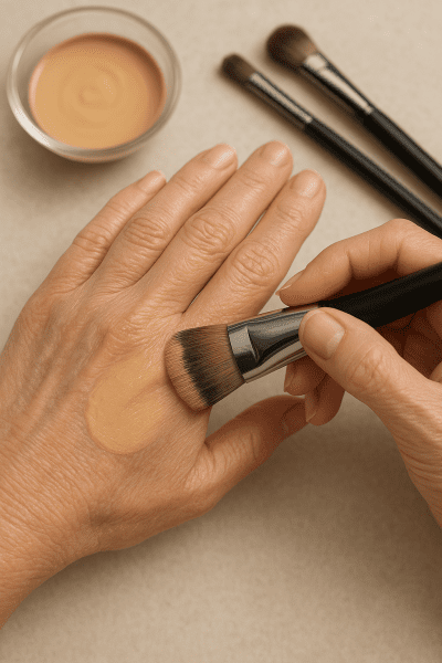 Mature hands blending cream foundation with an angled kabuki brush, smooth texture, blurred tools in background.