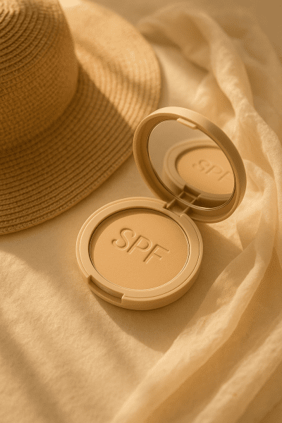 SPF cream foundation compact, sunhat, and translucent scarf in soft sunlight, highlighting protection for mature skin.