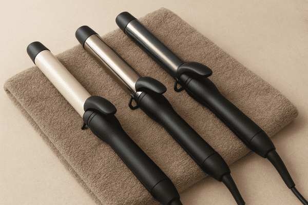 Hands demonstrate holding a clamp curling iron and a wand on a marble countertop, highlighting ergonomic grip.