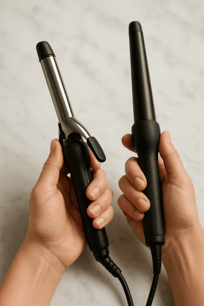 Diagonal arrangement of ceramic, titanium, and tourmaline curling irons on a taupe towel against a soft background.