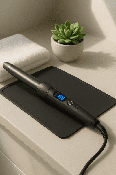 Modern curling iron with digital display and auto shut-off on a silicone mat, next to a towel and succulent.