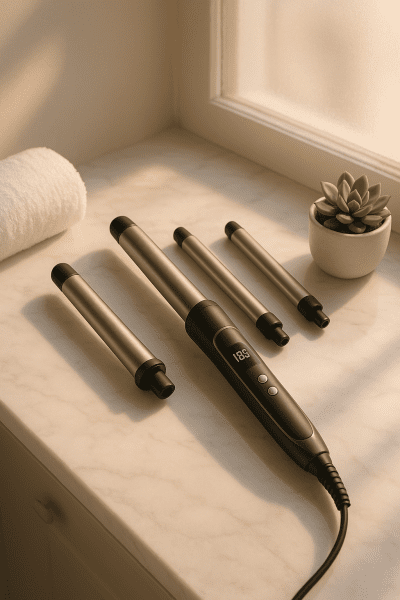 Elegant curling iron with three barrel options on a marble vanity, illuminated by soft sunlight.