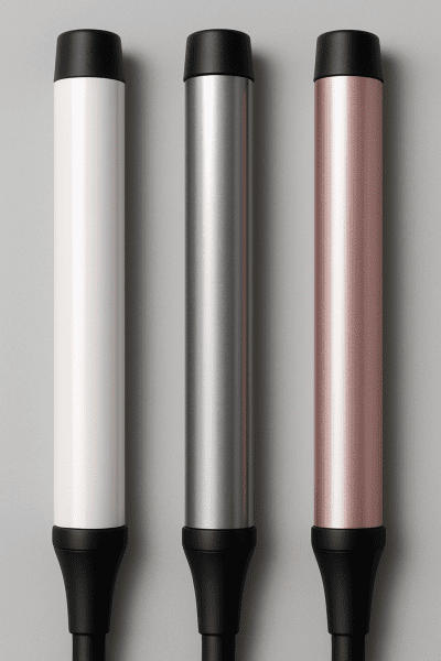 Ceramic, titanium, and tourmaline curling iron barrels displayed side by side on a smooth grey surface.