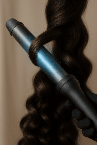 Close-up of curling iron with blue glow and healthy, smooth curly hair being styled.