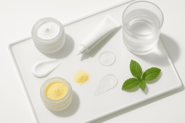 Flat lay with open acne spot treatment jars, active ingredients, mint sprig, and glass of water on white acrylic tray.