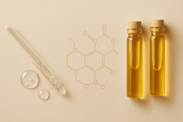 Overhead view of hyaluronic acid drops, ceramide illustrations, and plant oils in glass vials on a neutral matte background.