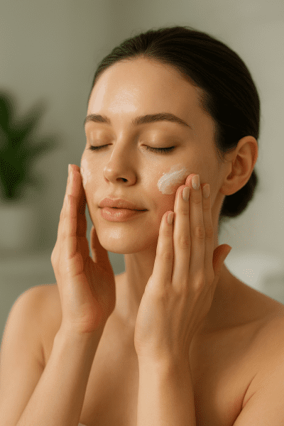 A model with glowing, hydrated skin gently applies moisturizer in a softly lit, spa-like bathroom.