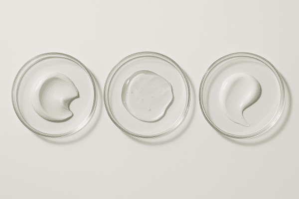 Three clear petri dishes with cream, gel, and emulsion on a spotless white table, each showing its unique texture.