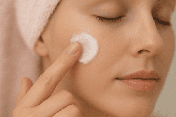 A gentle pat of fragrance-free moisturizer on a calm, healthy cheek in soft pastel light, towel blurred in background.