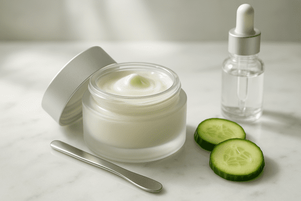 Elegant glass jar of under eye cream with hyaluronic acid and peptides, silver spatula, cucumber slices, and dropper bottle on marble.